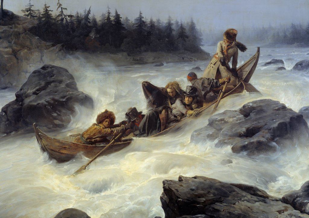 Detail of The Duke of Orleans riding dawn the great rapid Eijampaika by Francois Auguste Biard