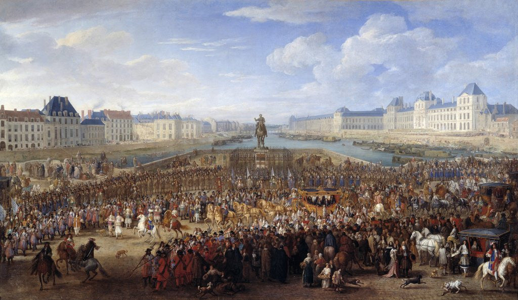 Detail of King Louis XIV in triumphal carriage crossing the Pont Neuf in Paris by Adam Frans van der Meulen
