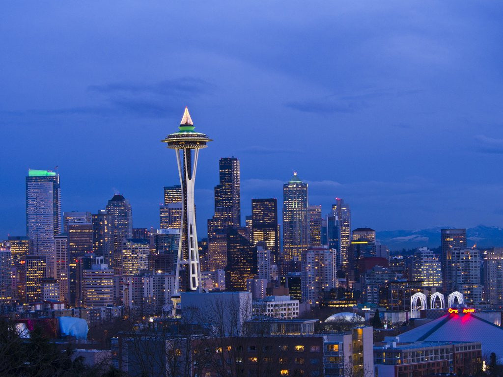 Detail of Night View of Seattle Skyline with Christmas Tree on the Space Needle by Anonymous