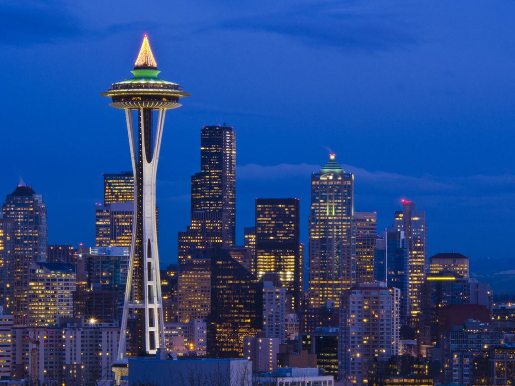 Detail of Night View of Seattle Skyline with Christmas Tree on the Space Needle by Corbis