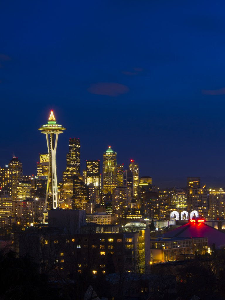 Detail of Night View of Seattle Skyline with Christmas Tree on the Space Needle by Anonymous
