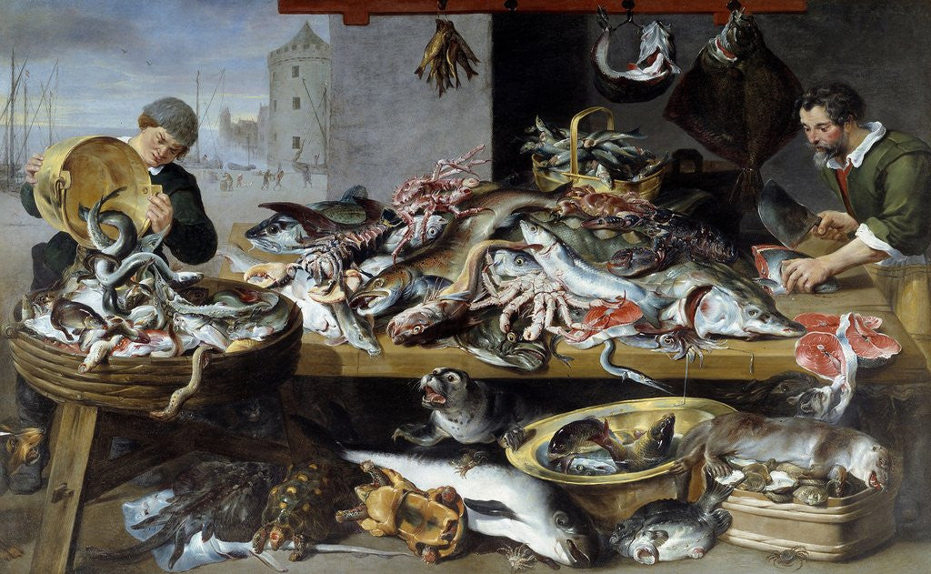Detail of Fish merchants at their stalls by Frans Snyders