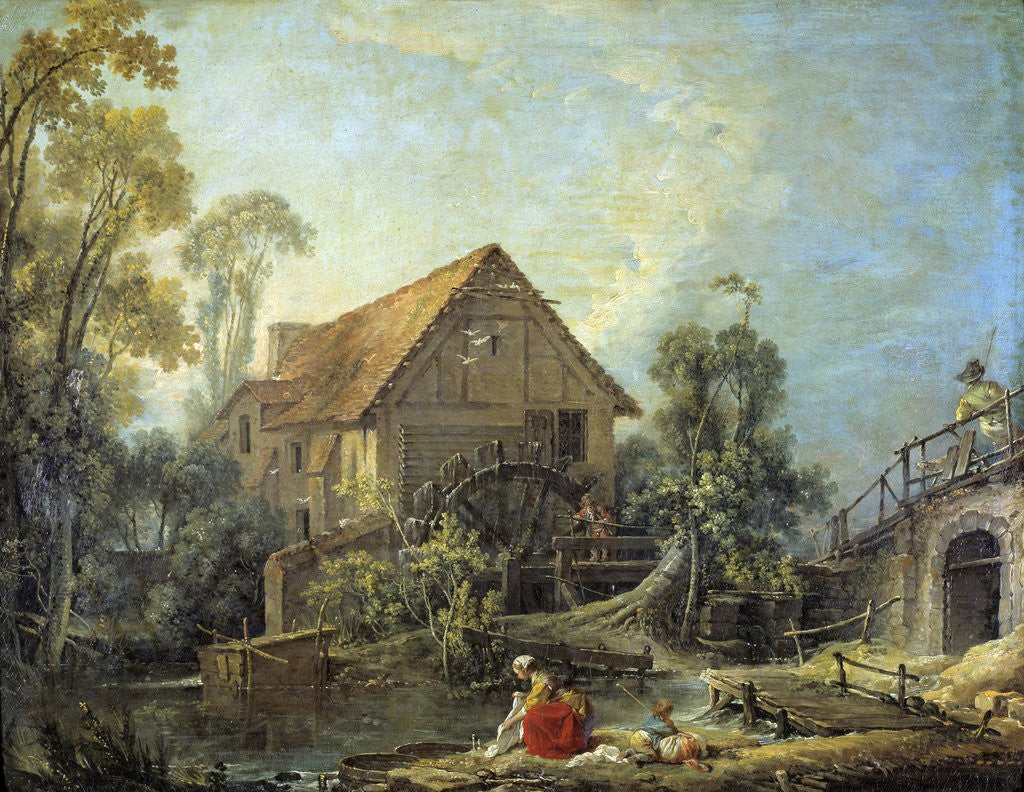 Detail of The Mill. A woman washing clothes in the stream by Francois Boucher