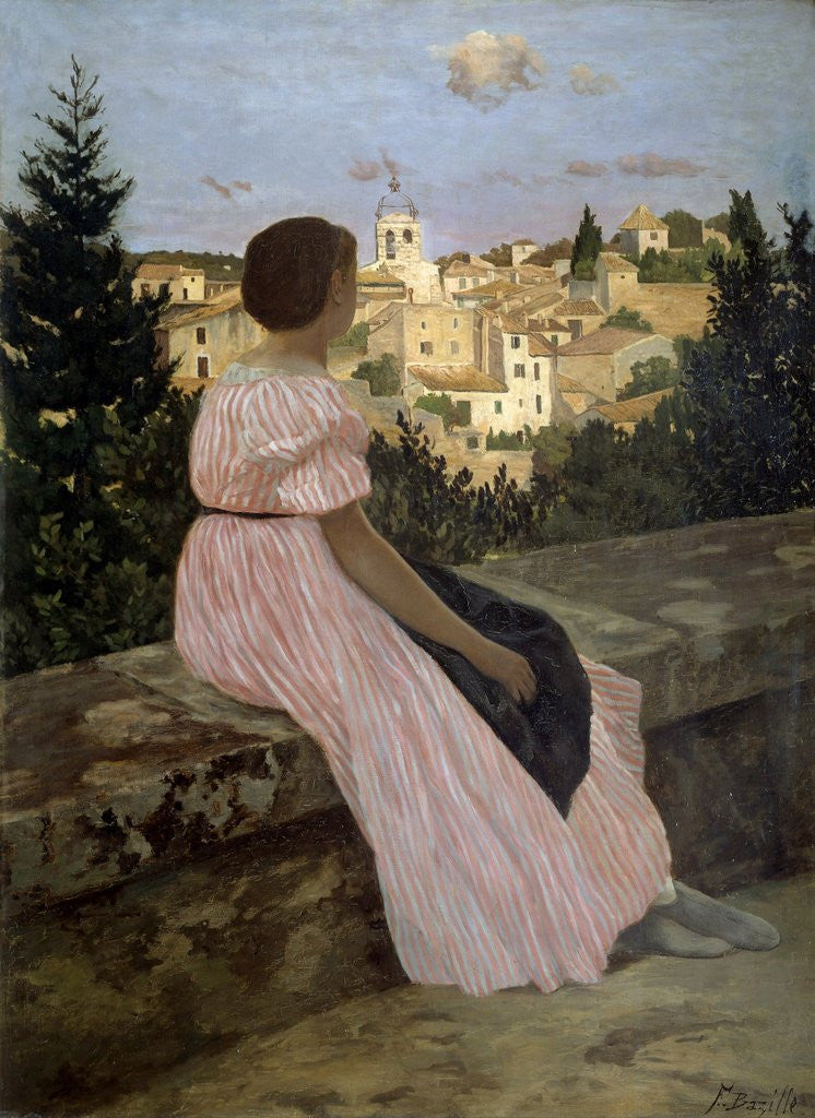 Detail of The pink dress or View of Castelnau-le-Lez by Jean Frederic Bazille