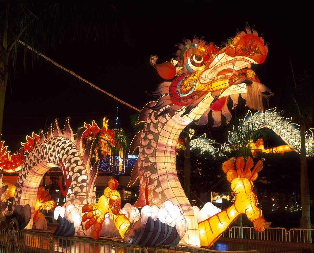 Detail of Illuminated Chinese Dragon on New Year's Eve, Hong Kong, China by Corbis