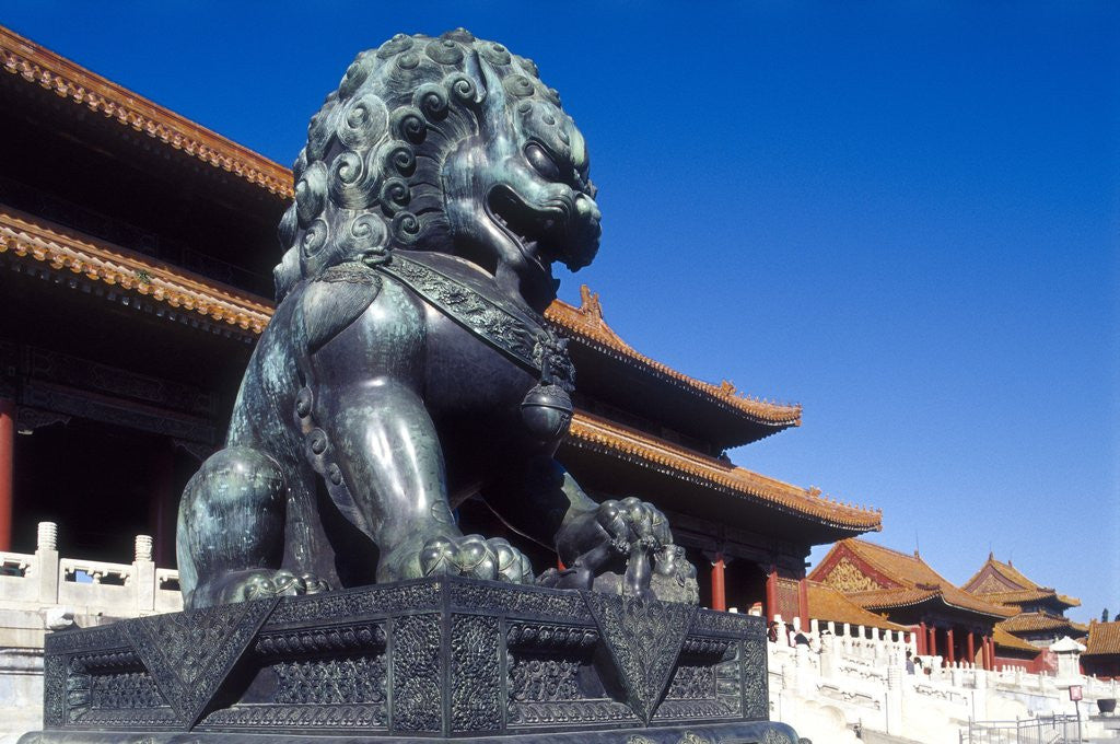 Detail of Guardian Lion at Forbidden City on Tiananmen Square, Imperial Palace, Beijing, Dongcheng District, China by Corbis
