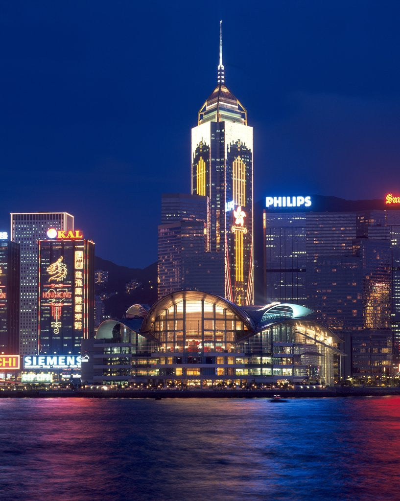 Detail of Convention Centre at night, Victoria Harbor, Wanchai, Hong Kong, China by Anonymous