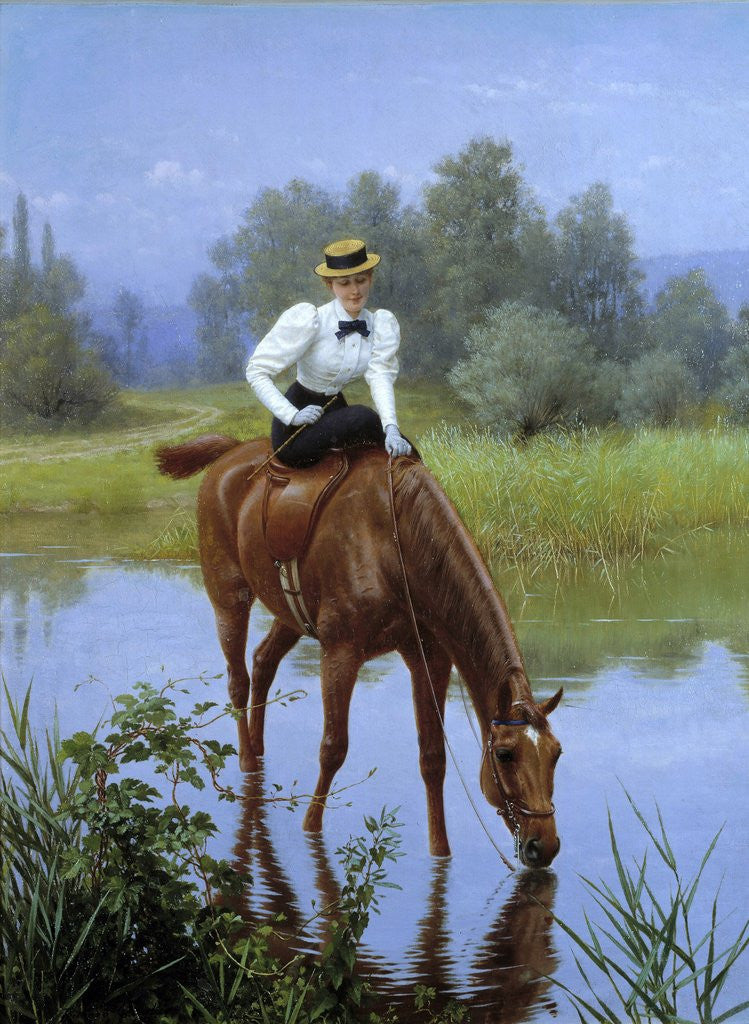 Detail of A young woman riding stops for her horse to drink by Anonymous
