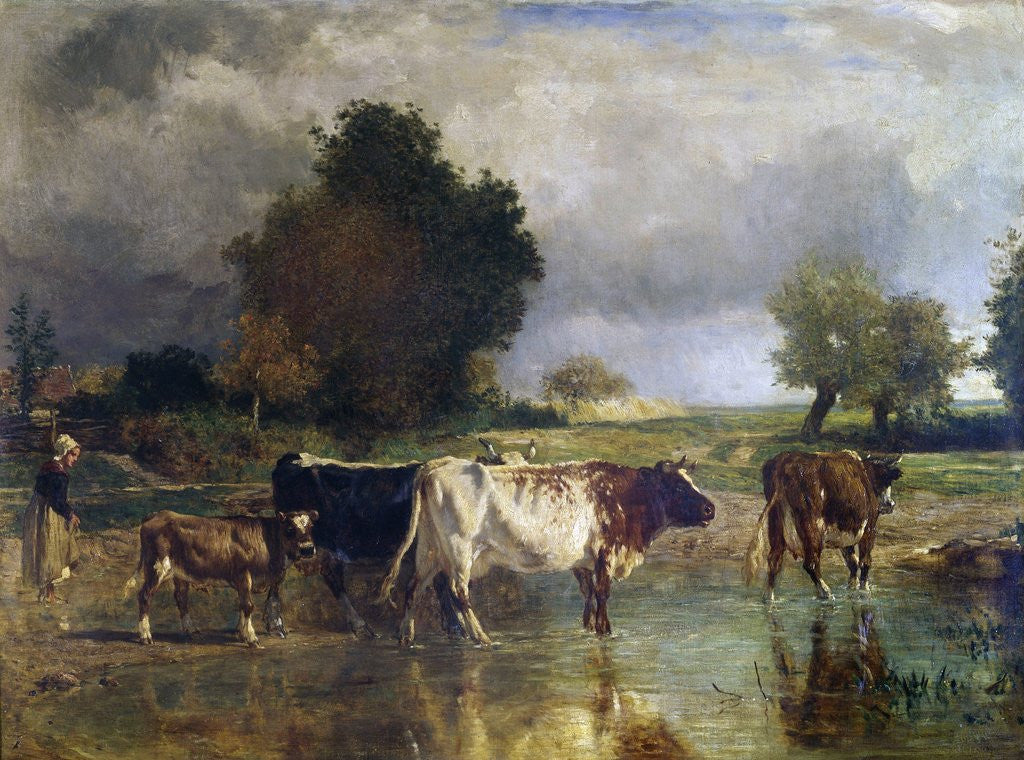Detail of Calf and cows at the marl or The watering by Constant Troyon