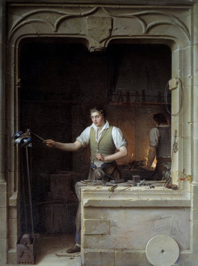 Detail of A locksmith seeking to make a jay bite his metal file by Jean Antoine Laurent