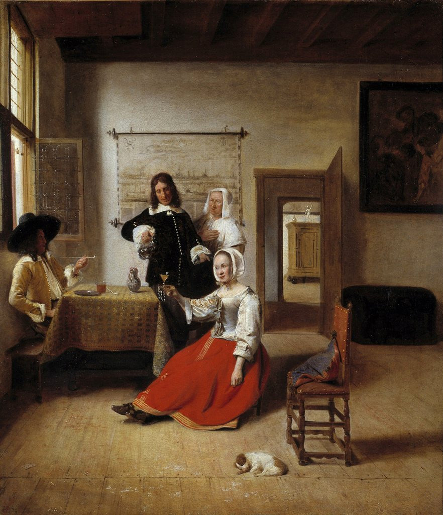 Woman drinking with soldiers by Pieter de Hooch