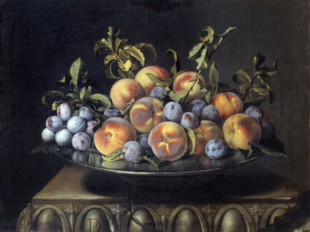 Detail of Peaches and plums in a pewter plate by Pierre Dupuis