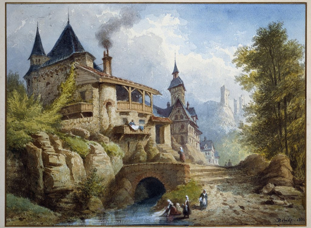 Detail of The laundry women in front of the castle by Belaife