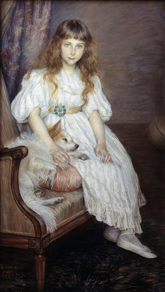 Detail of The little girl with the white dog by Marie Louise Catherine Breslau