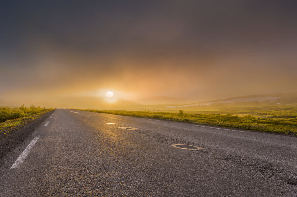 Detail of Empty road with fog and sunset. by Anonymous