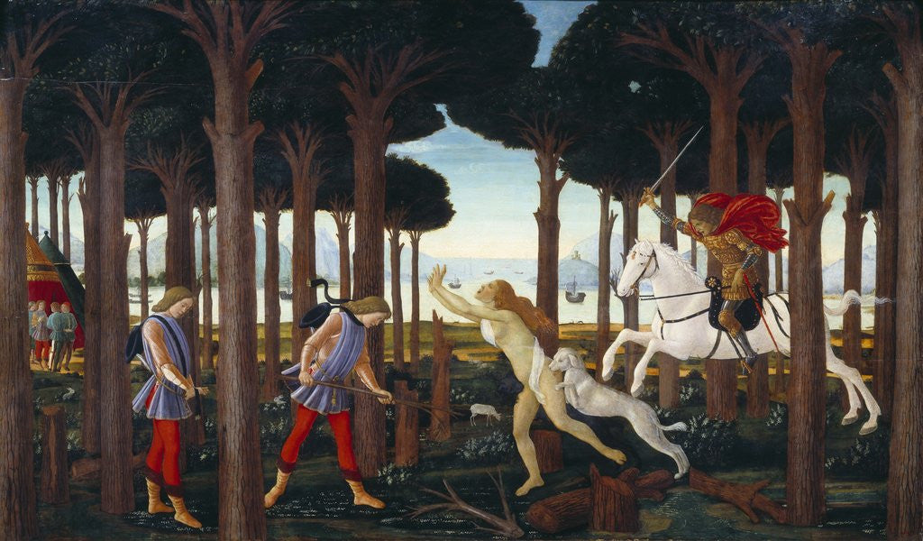 Detail of The Story of Nastagio degli Onesti (I): Encounter with the Damned in the Pine Forest by Sandro Botticelli