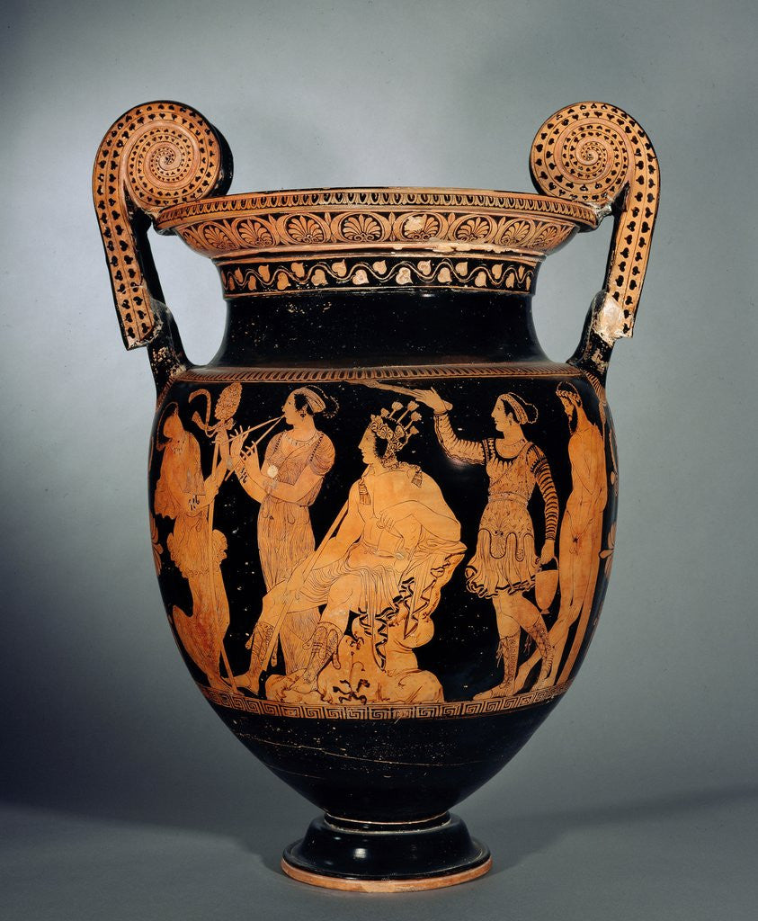 Krater with Dionysus seated between mythological characters, end by Corbis