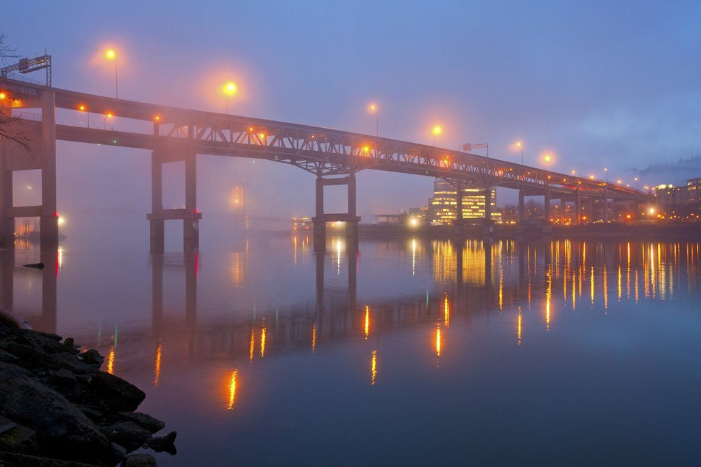 Detail of sunrise thru morning fog along willamitte river and Marquam Bridge,Portland, Oregon by Corbis