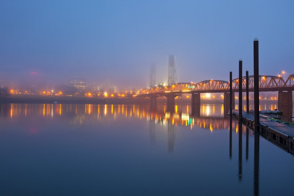 Detail of sunrise thru morning willamette river and down town Portland, Oregon by Anonymous