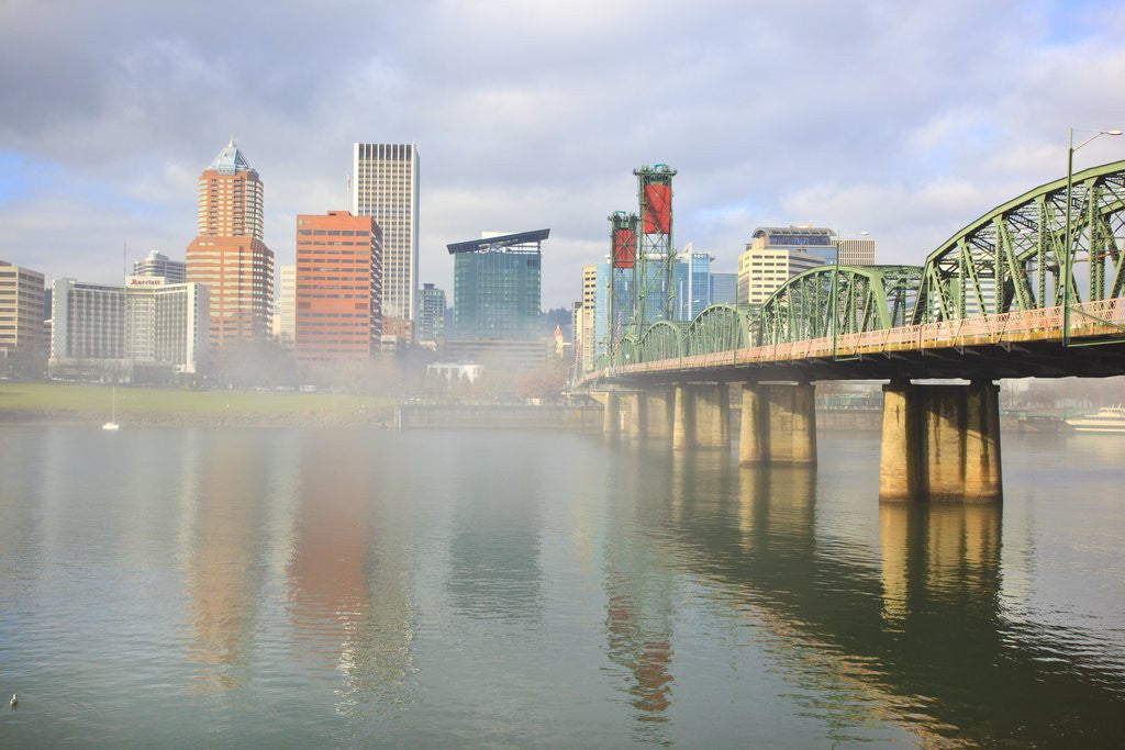 Detail of sunrise thru morning fog anlong willamette river and down town Portland, Oregon by Anonymous