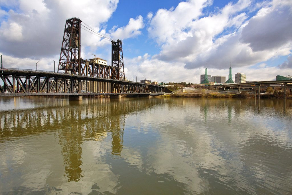 Detail of reflection in Willamette River and Steel Bridge, Portland Oregon by Corbis