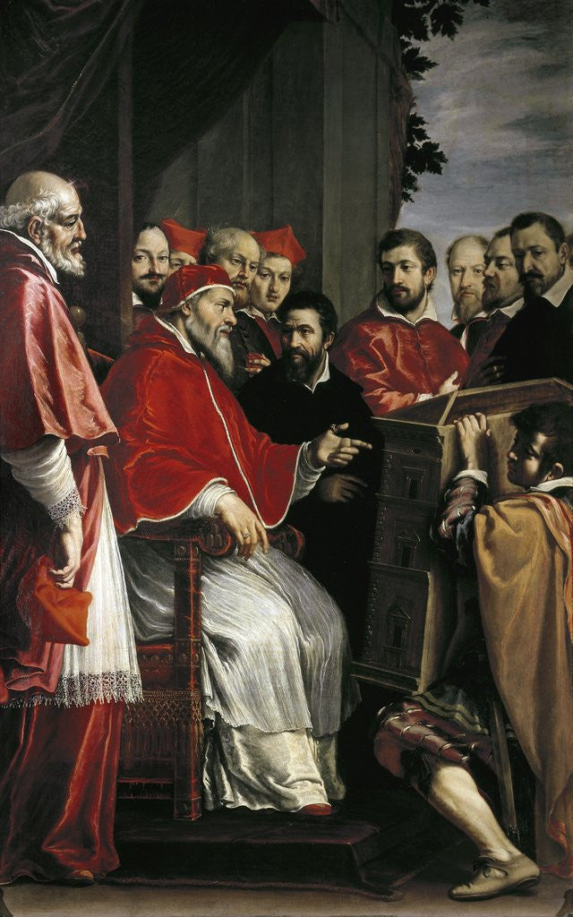Detail of Michelangelo presents his plans for Santa Caterina della Ruota by Anonymous