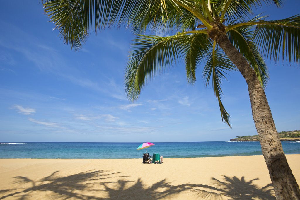 Detail of Vacationing couple's beach chair and umbrella on Hulupo'e Beach; Manele Bay; Lanai; Hawaii by Anonymous