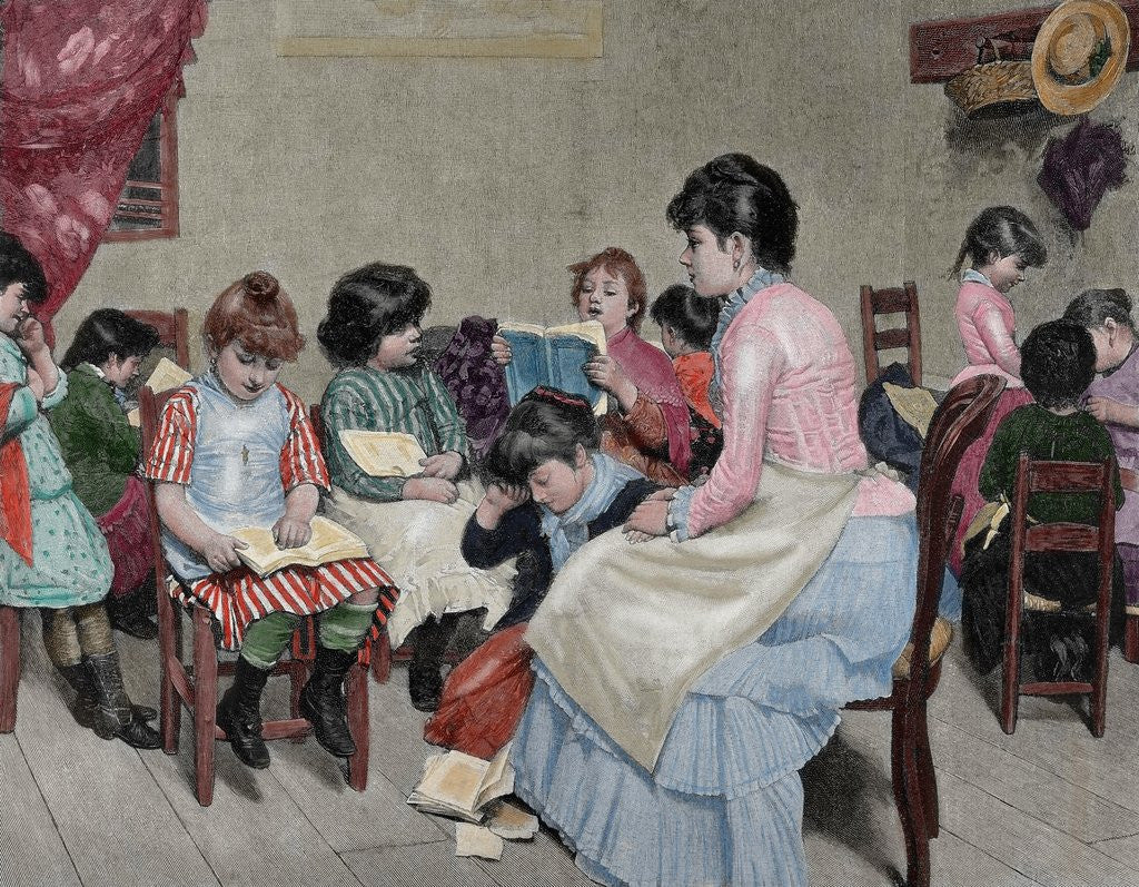 Detail of Girls' school. Engraving, 19th century. 