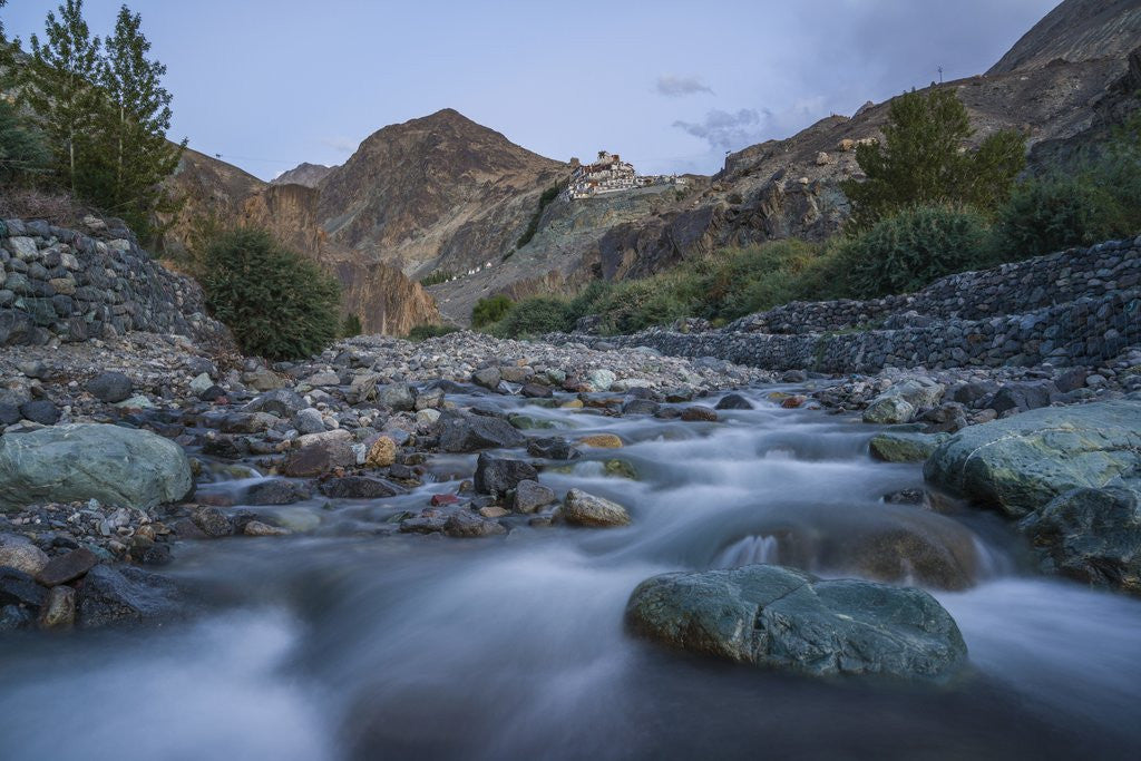 Detail of Diskit Monastery, the stream near the village by Anonymous