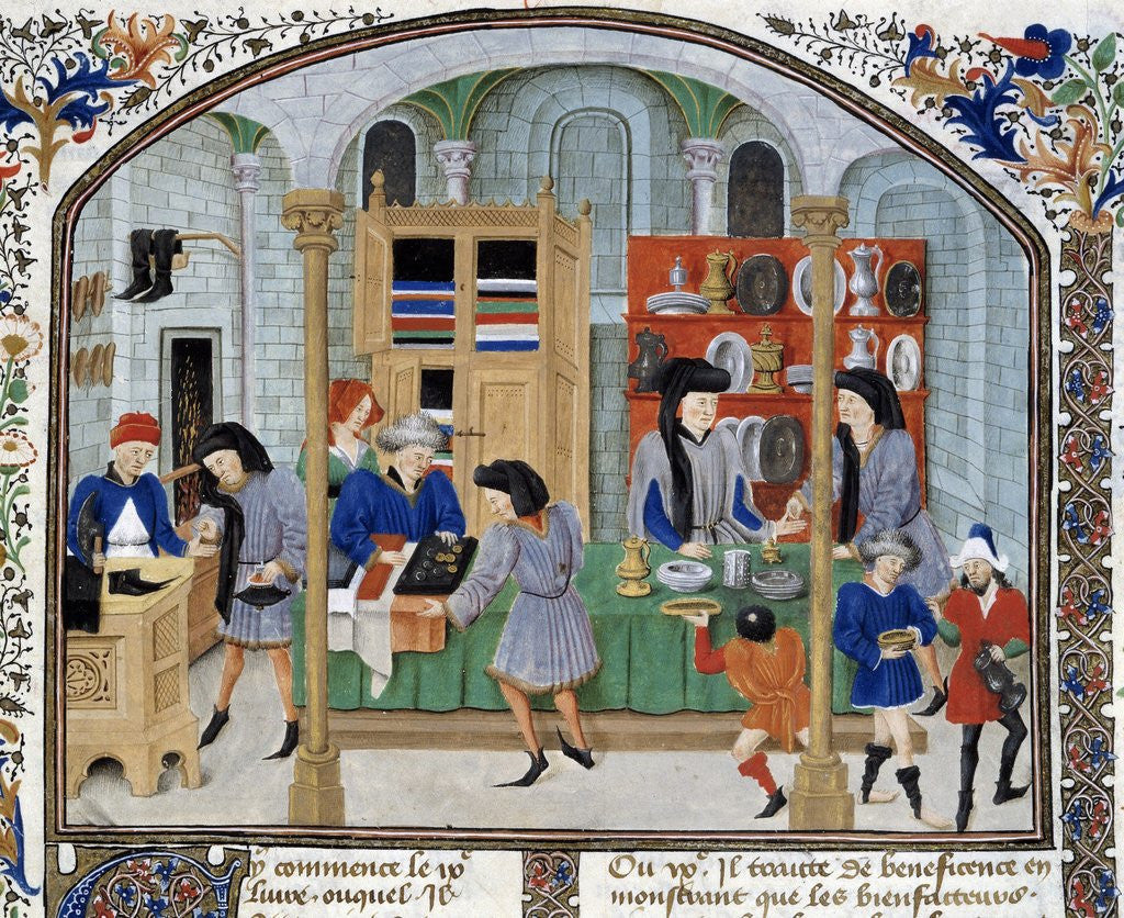 Detail of Trade scene in a silverware shop - 15th cent. Illumination by Corbis