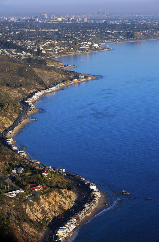 Detail of Aerial view of the Pacific Coast Highway and the Pacific Ocean in Malibu, California by Corbis