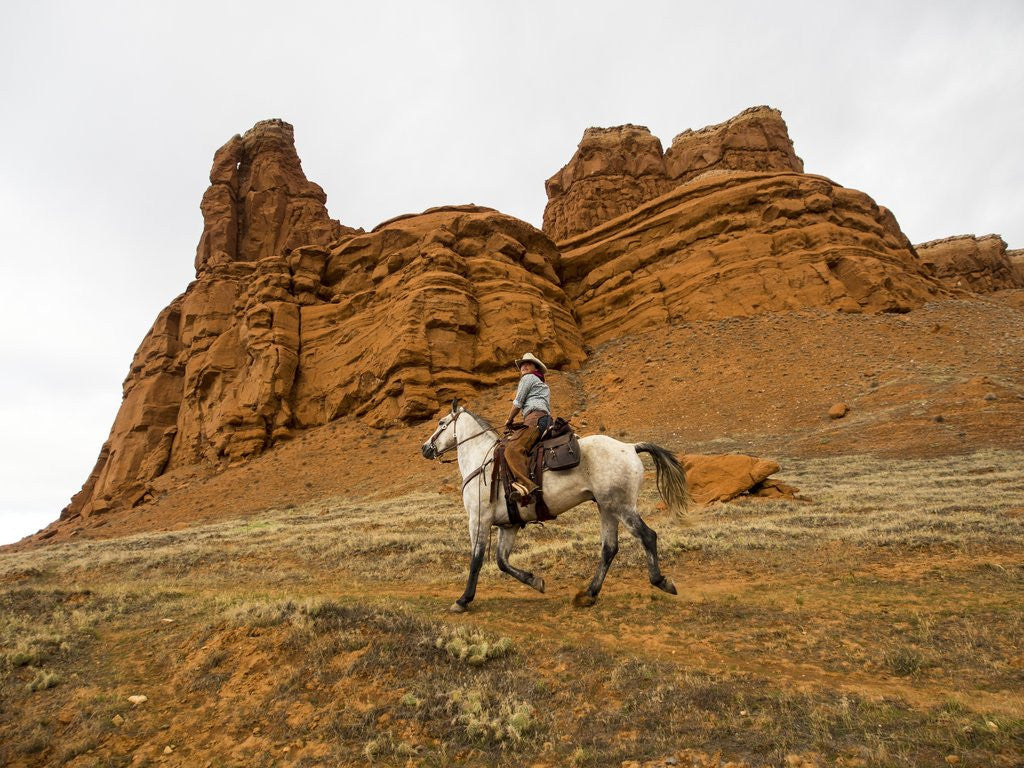 Detail of Cowgirl at Full Gallop with red rock hills by Corbis