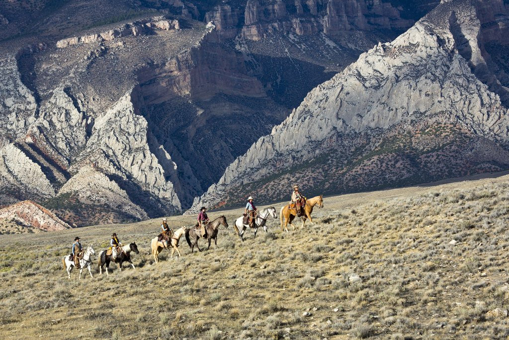 Detail of Cowboys and Cowgirls riding along the hills of the Big Horn Mountains by Corbis
