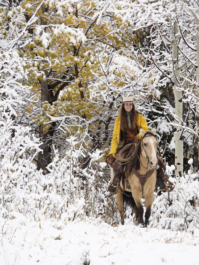 Detail of Cowgirl riding in Autumn Aspens with a fresh snowfall by Corbis
