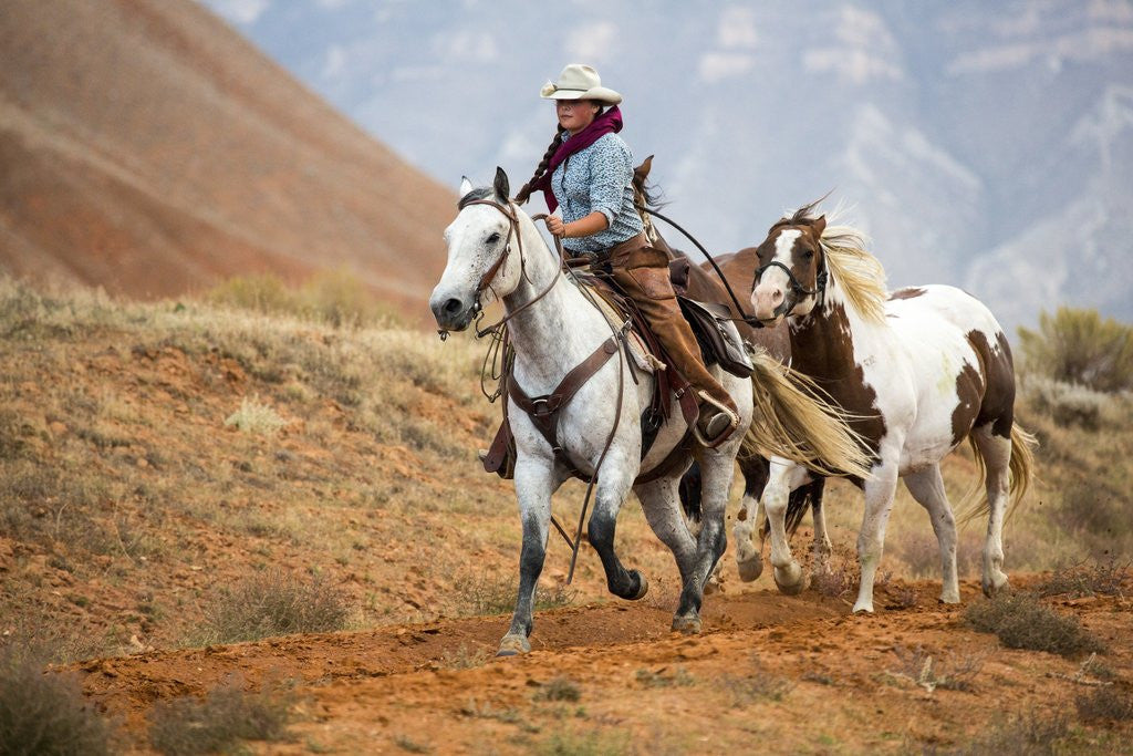 Detail of Cowgirl at Full Gallop with Horses in tow by Anonymous