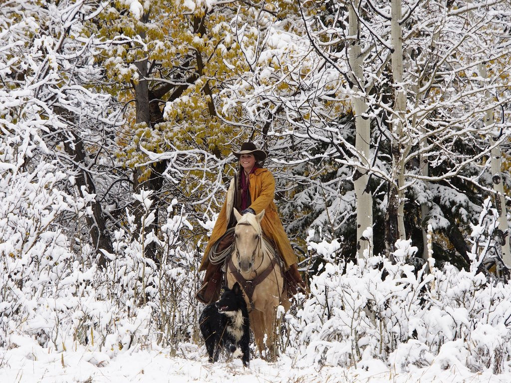 Detail of Cowgirl riding in Autumn Aspens with a fresh snowfall by Anonymous