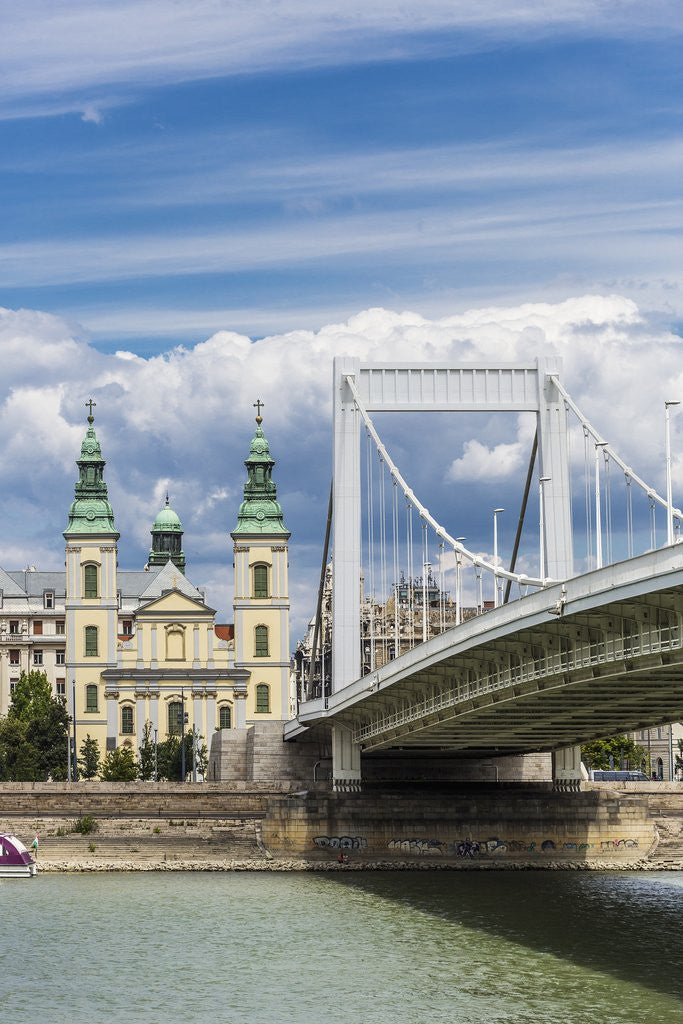 Detail of The Elisabeth Bridge, the Inner-City Parish Church (Belvarosi Plebania Templom) and the river Danube by Anonymous