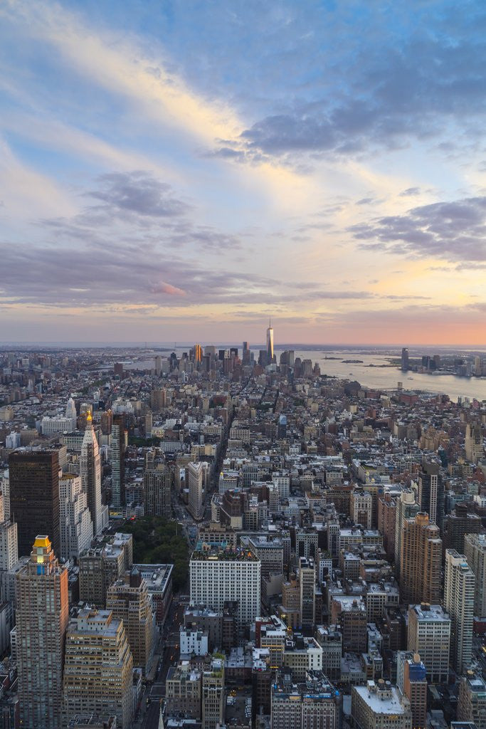 Detail of Manhattan skyline from above at sunset, New York City by Corbis