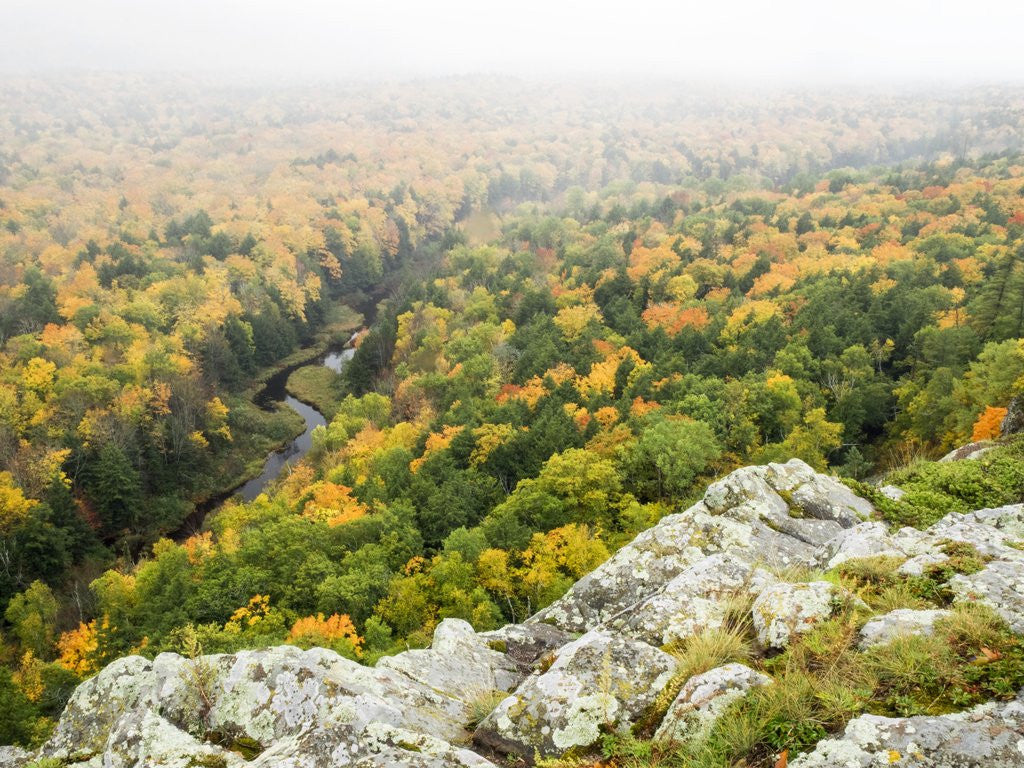 Detail of A view from the summit peak of the Big Carp River in autumn at Porcupine Mountains Wilderness State by Corbis