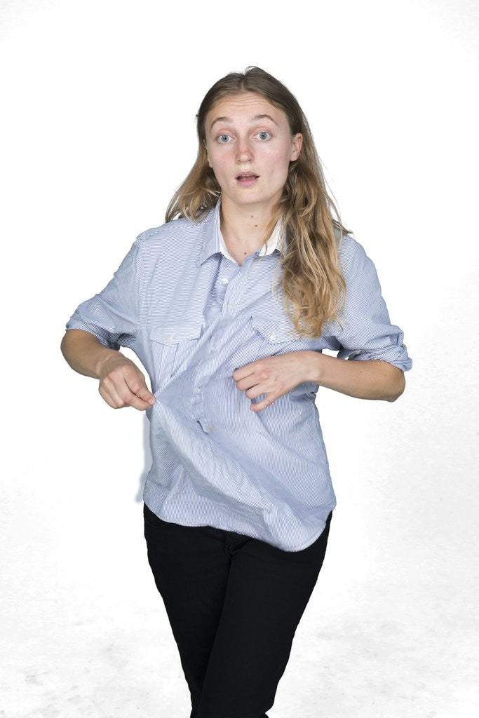 Detail of Woman pulling shirt by Anonymous