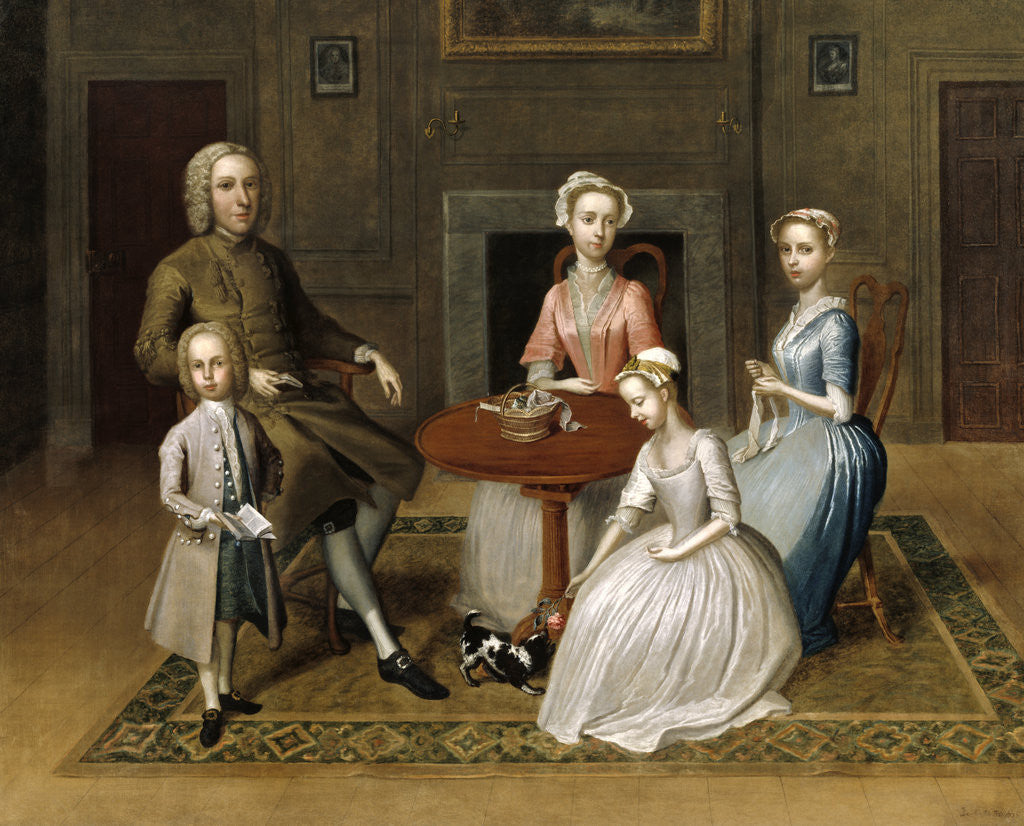 Detail of Group portrait, possibly of the Brewster family, in a domestic interior by Thomas Bardwell
