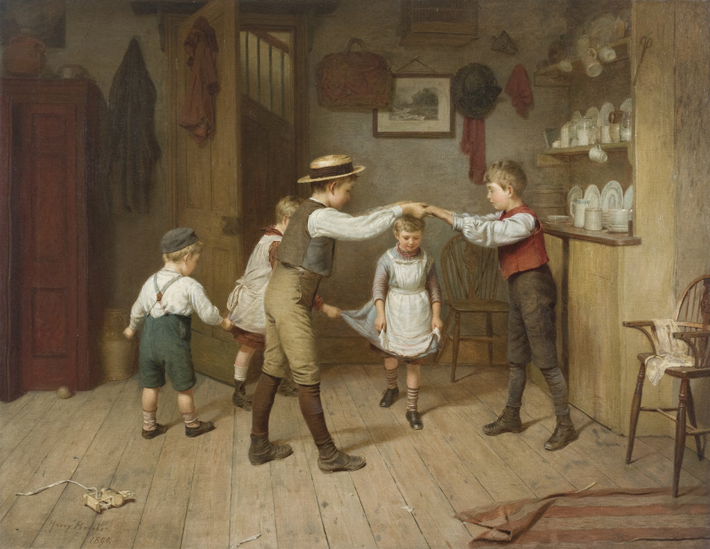 Detail of A group of children playing the game oranges and lemons in a domestic interior by Harry Brooker