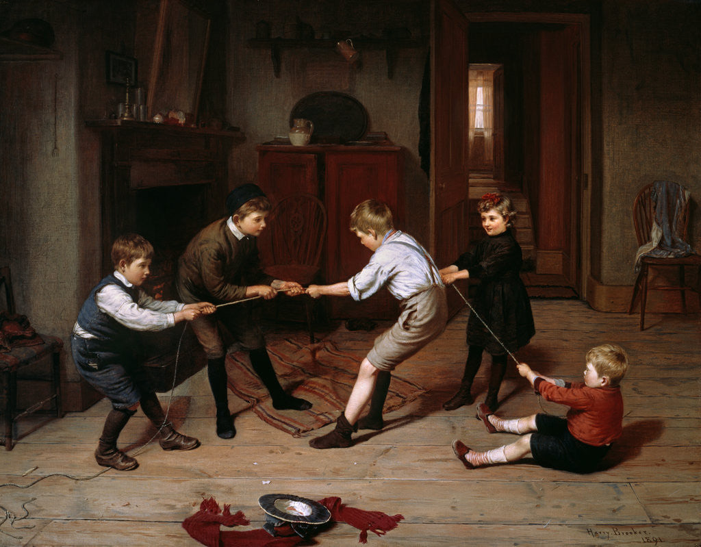 Detail of A group of children playing at tug of war in a domestic interior by Harry Brooker
