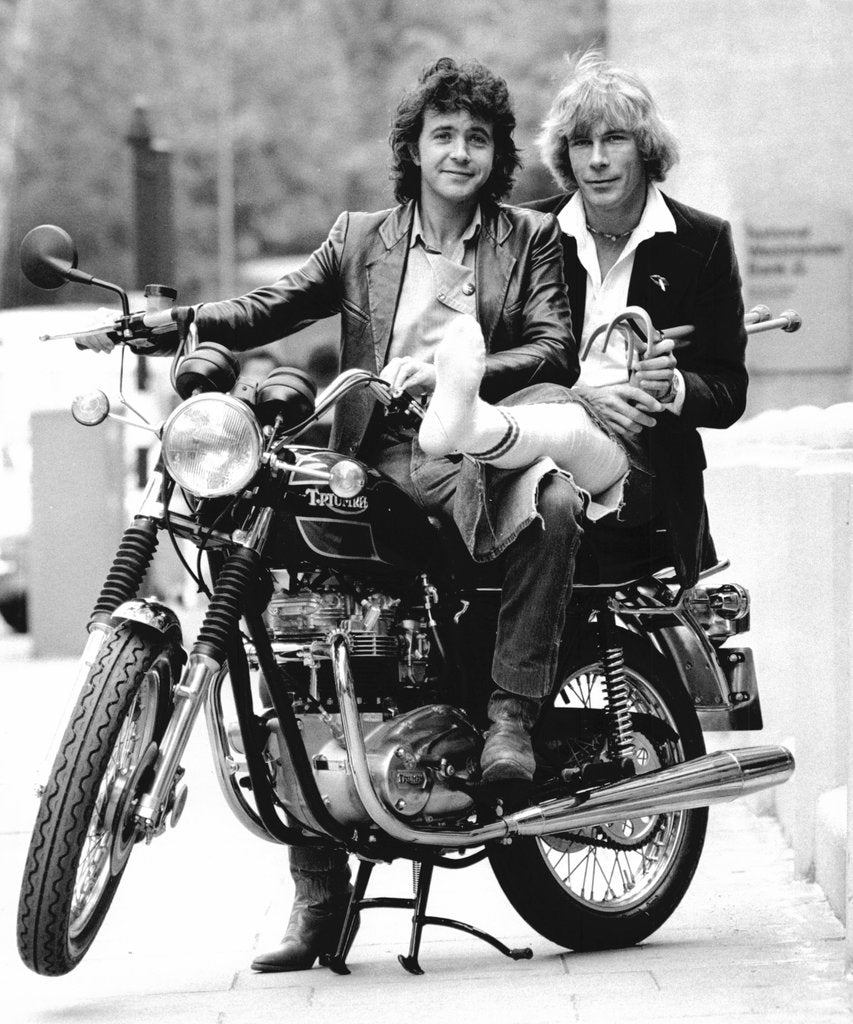 Detail of David Essex and James Hunt on a motorbike by Associated Newspapers
