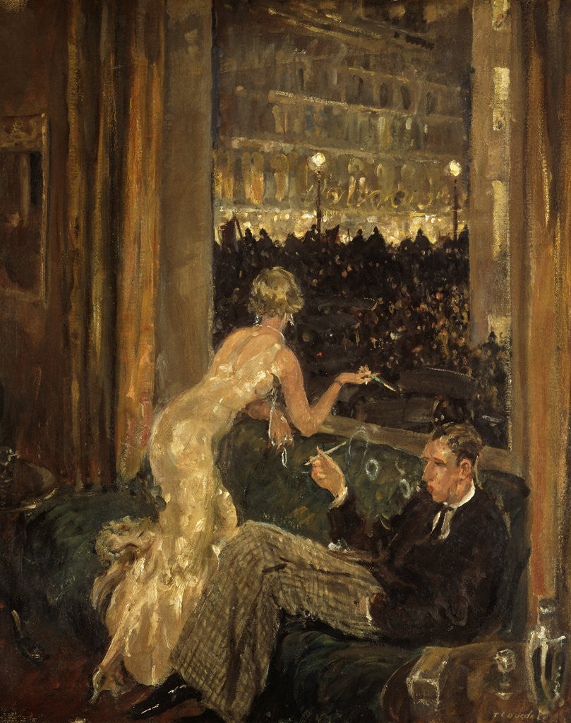 View of an interior with a couple watching the arrival of the Jarrow Marchers in London through a window by Thomas Cantrell Dugdale