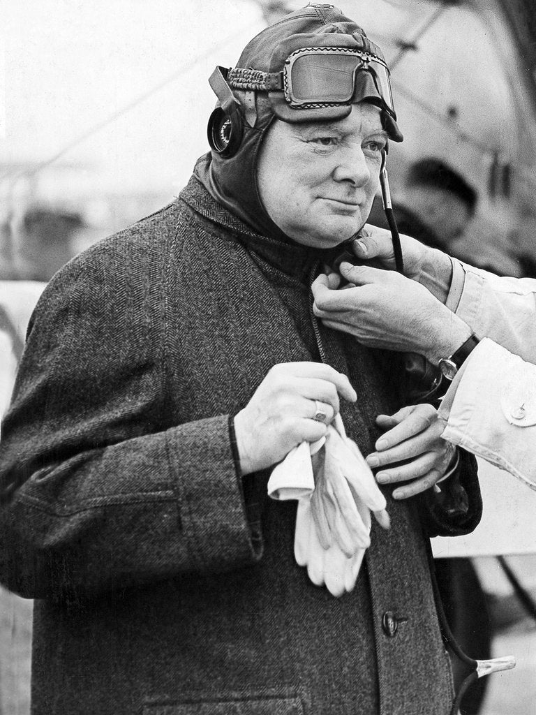 Detail of Winston Churchill in a flying helmet by Associated Newspapers