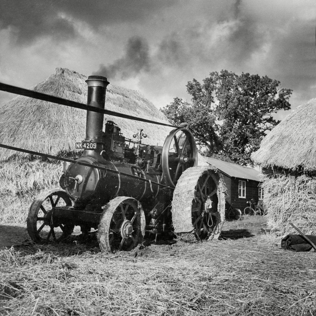 Detail of Traction engine driving  a threshing machine by Associated Newspapers