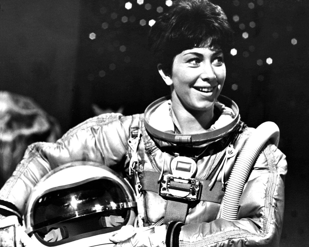 Detail of Valerie Singleton wearing a space suit by Associated Newspapers