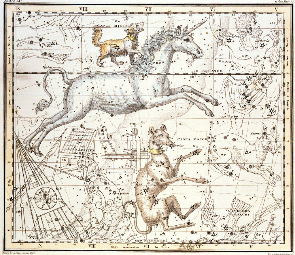 Detail of Constellations of Monoceros the Unicorn, Canis Major and Minor from A Celestial Atlas by Alexander Jamieson