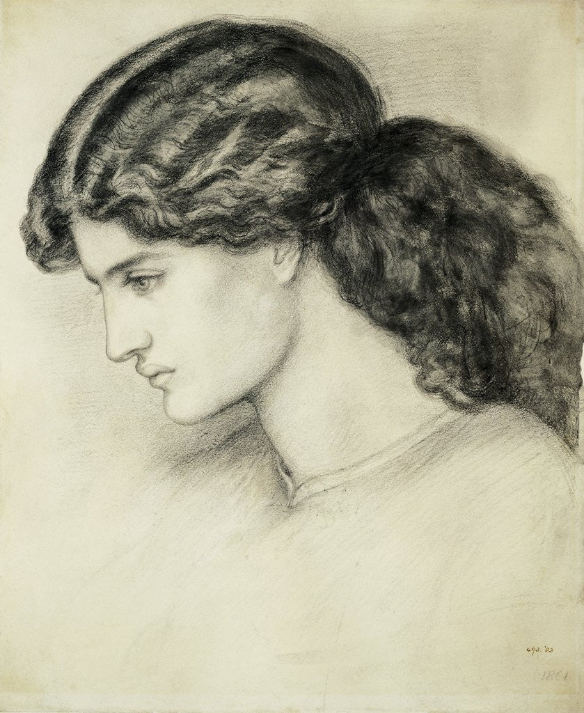 Detail of Portrait Sketch of a Ladies Head by Dante Gabriel Rossetti